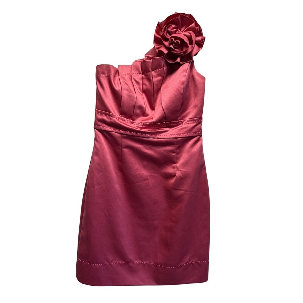 Phoebe Couture Rose Pink Satin One Shoulder Rosette Cocktail Dress Mini‎
